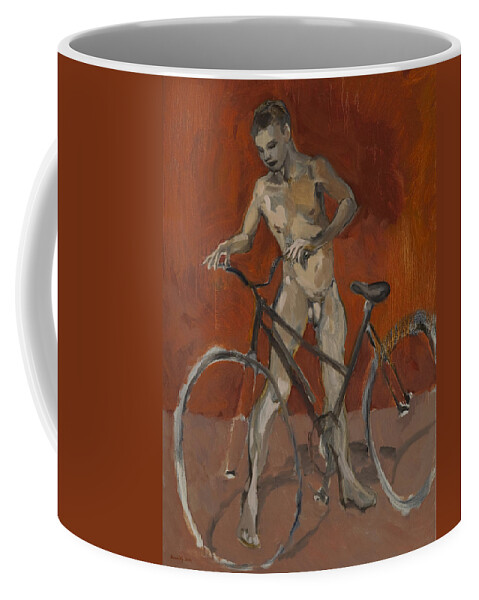Boy Coffee Mug featuring the painting Boy with bicycle red oxide by Peregrine Roskilly