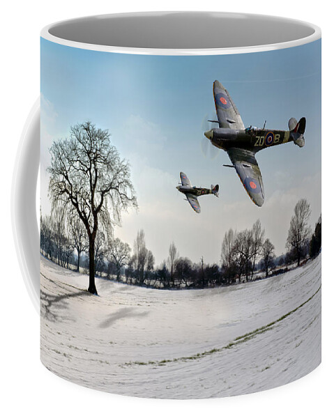 Spitfire Coffee Mug featuring the photograph Low-flying Spitfires in winter by Gary Eason
