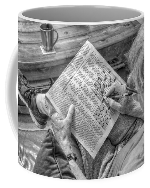 Sunday Crossword Puzzle Coffee Mug featuring the photograph Mind Games - Sunday Crossword Puzzle - Black and White by Jason Politte