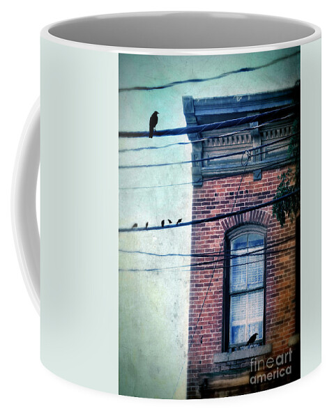 House Coffee Mug featuring the photograph Brick Building Birds on Wires by Jill Battaglia