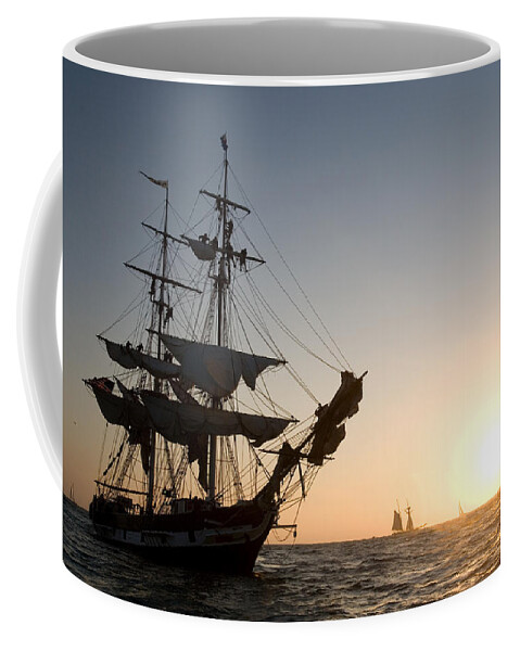 Tall Ship Coffee Mug featuring the photograph Brig Pilgrim at Sunset by Cliff Wassmann