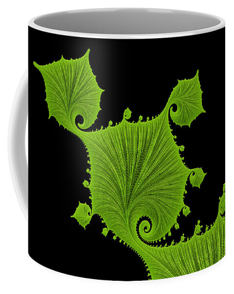 Green Coffee Mug featuring the digital art Bright green fractal leaves black background by Matthias Hauser