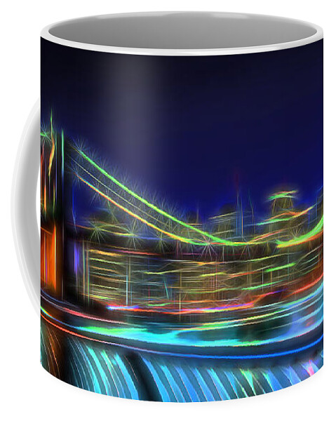 Neon Coffee Mug featuring the photograph Brooklyn Bridge Neon Panoramic by David Smith