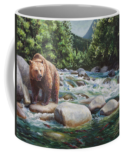 Bear Coffee Mug featuring the painting Brown Bear and Salmon on the River - Alaskan Wildlife Landscape by K Whitworth