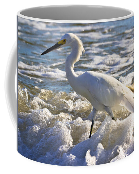Beach Coffee Mug featuring the photograph Bubbles Around Snowy Egret by Ed Gleichman