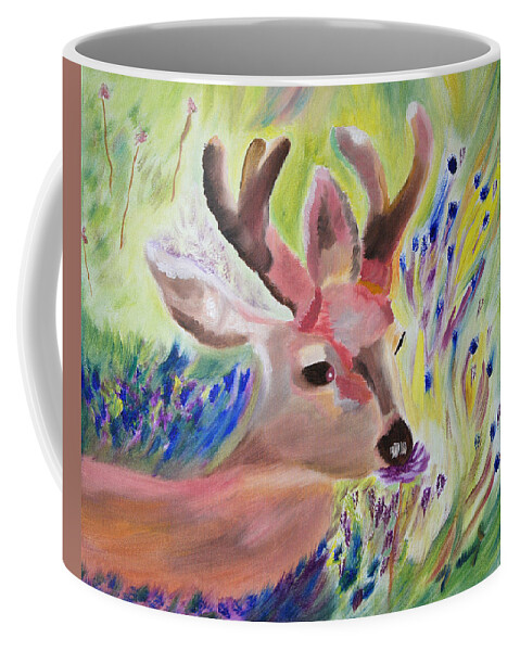 Deer Coffee Mug featuring the painting Budding Fields by Meryl Goudey