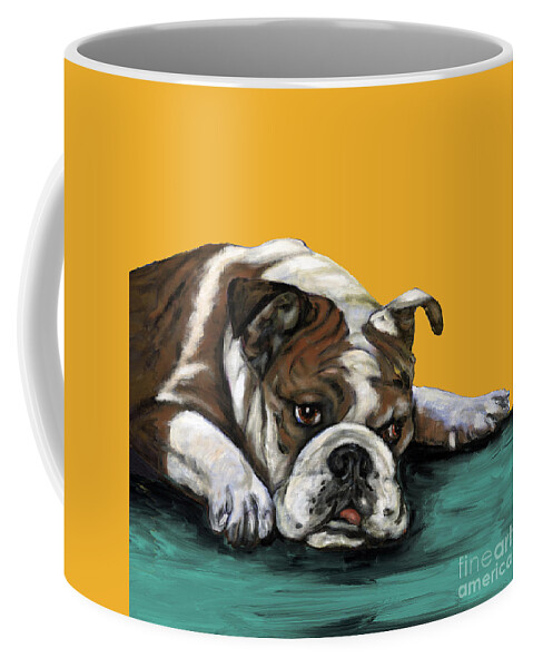Bull Dog Coffee Mug featuring the painting Bulldog On Yellow by Dale Moses