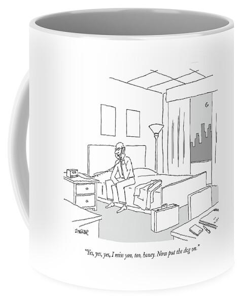 Businessman Sitting On A Bed In Hotel Room Coffee Mug