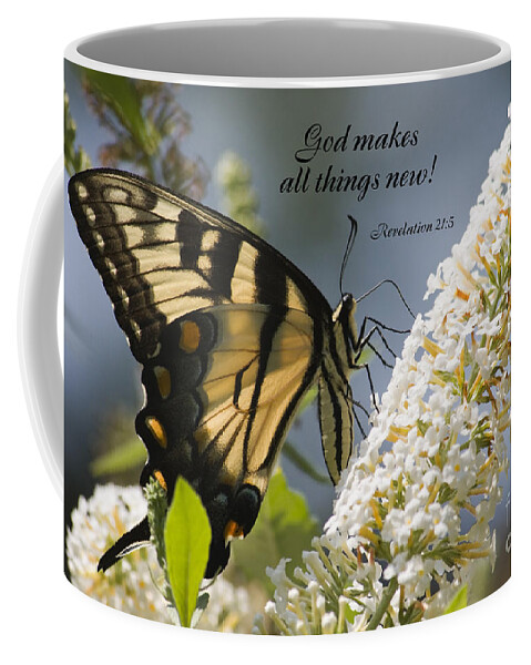 Swallowtail Coffee Mug featuring the photograph Butterfly on White Bush with Scripture by Jill Lang