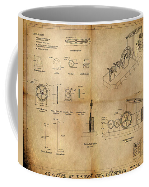 Steampunk; Gears; Housing; Cogs; Machinery; Lathe; Columns; Brass; Copper; Gold; Ratio; Rotation; Elegant; Forge; Industry; Jules Verne Coffee Mug featuring the painting Butterfly Pump by James Christopher Hill
