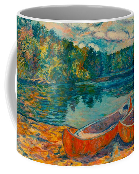 Landscape Coffee Mug featuring the painting Canoes at Mountain Lake by Kendall Kessler