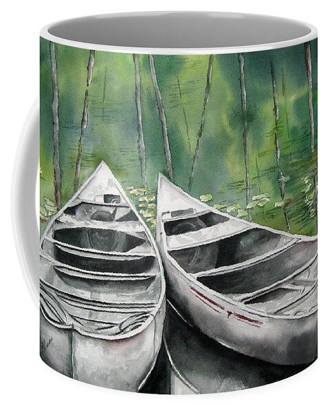 Lake Coffee Mug featuring the painting Canoes To Go by Mary McCullah