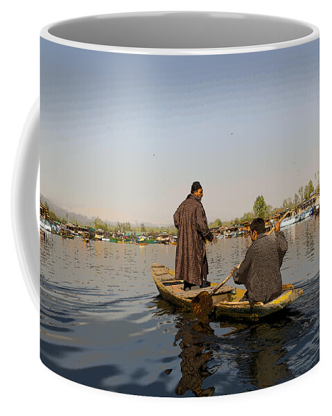 Beautiful Scene Coffee Mug featuring the digital art Cartoon - Kashmiri men plying a wooden boat in the Dal Lake in Srinagar by Ashish Agarwal