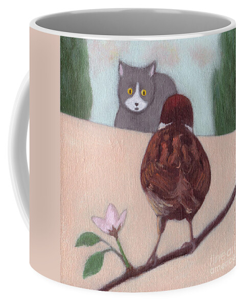 Cat Coffee Mug featuring the painting Cat and Sparrow by Kazumi Whitemoon