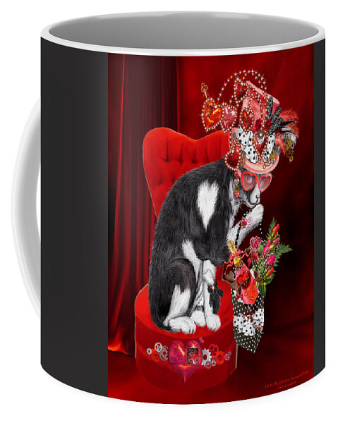 Cat Coffee Mug featuring the mixed media Cat In The Valentine Steam Punk Hat by Carol Cavalaris