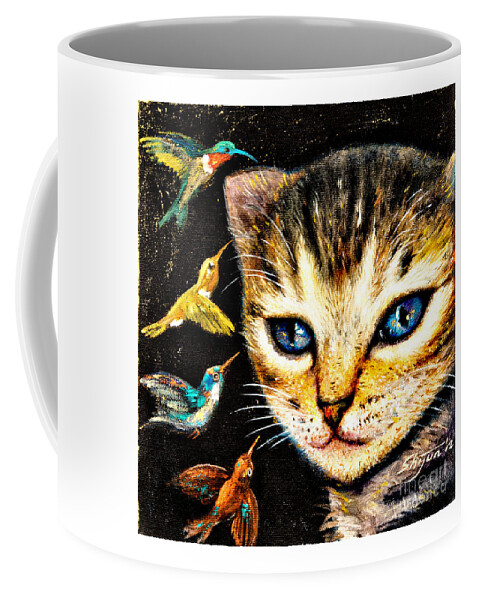 Cat Coffee Mug featuring the painting Cat with Hummingbirds by Shijun Munns