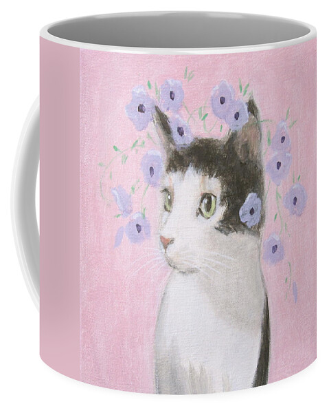 Tuxedo Cat Coffee Mug featuring the painting Cat with Purple Flowers by Kazumi Whitemoon