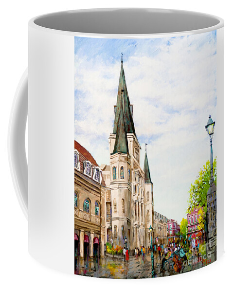 New Orleans Artist Coffee Mug featuring the painting Cathedral Plaza - Jackson Square, French Quarter by Dianne Parks