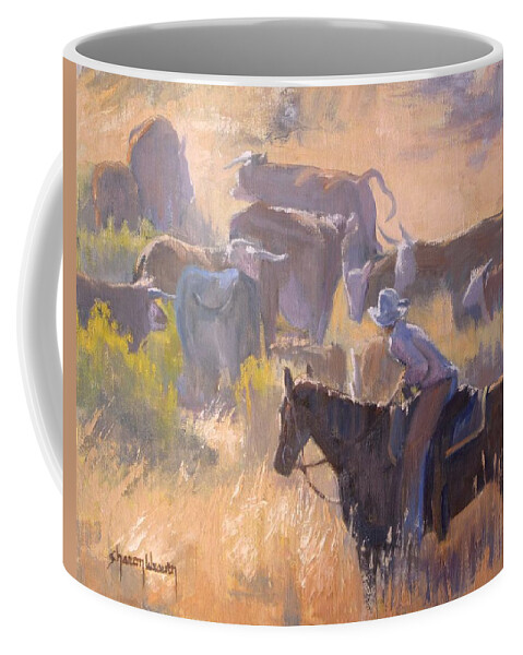 Cowboy Coffee Mug featuring the painting Cattle Drive by Sharon Weaver