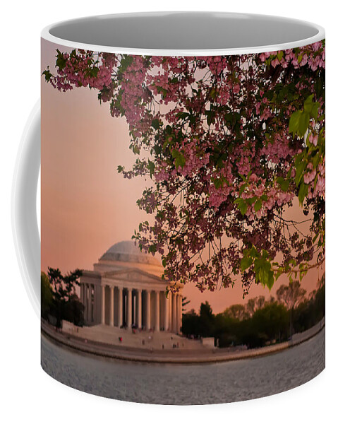 America Coffee Mug featuring the photograph Cherry Blossoms Framing the Jefferson Memorial at Sunset by Mitchell R Grosky
