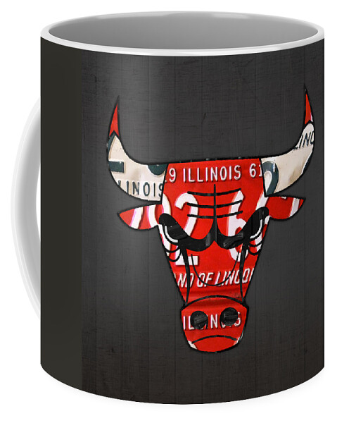 Chicago Coffee Mug featuring the mixed media Chicago Bulls Basketball Team Retro Logo Vintage Recycled Illinois License Plate Art by Design Turnpike