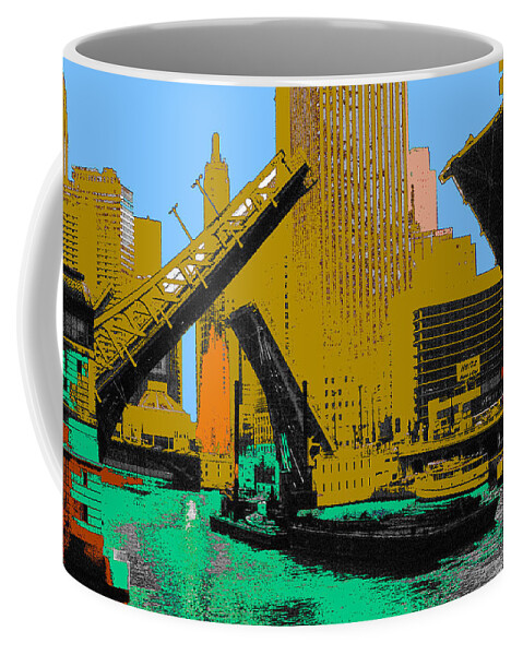 Chicago Coffee Mug featuring the painting Chicago Pop Art 66 - Downtown Draw Bridges by Peter Potter