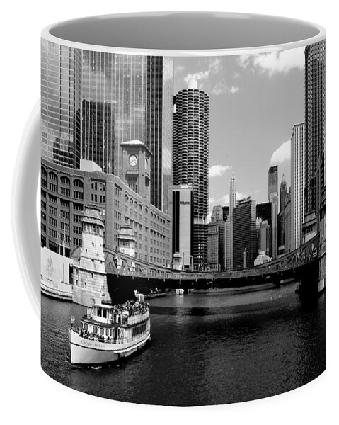 Bridge Coffee Mug featuring the photograph Chicago River Skyline Bridge Boat by Patrick Malon