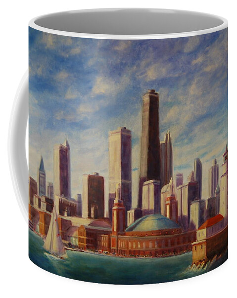 Navy Pier Coffee Mug featuring the painting Chicago Skyline by Will Germino
