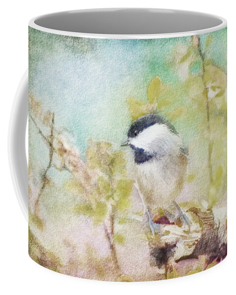 Chickadee Coffee Mug featuring the photograph Chickadee and the Hiding Caterpillar - Digital Paint 4 by Debbie Portwood