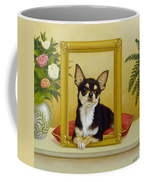 Chihuahua Coffee Mug featuring the painting Chihuahua V - Mona Lisa by John Silver