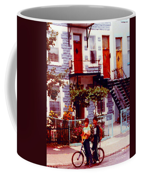  Coffee Mug featuring the painting Childhood Montreal Memories Balconies And Bikes The Boys Of Summer Our Streets Tell Our Story by Carole Spandau