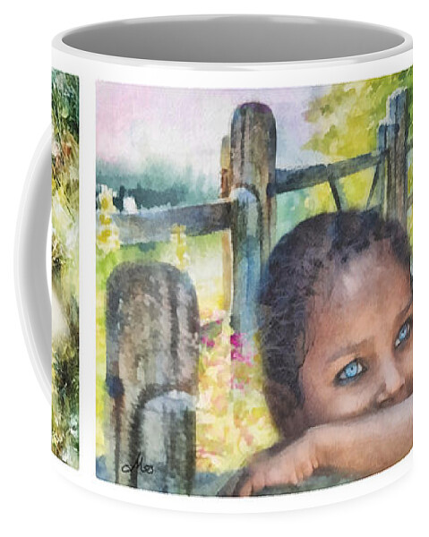 Childhood Triptic Coffee Mug featuring the painting Childhood Triptic by Mo T