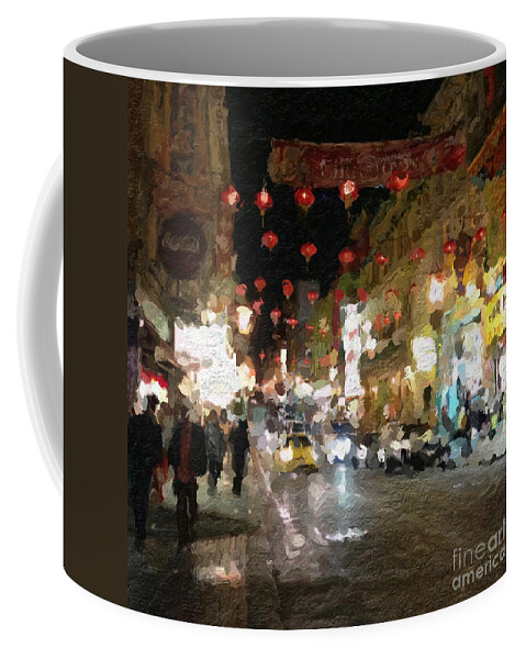 san Francisco Coffee Mug featuring the painting China Town At Night by Linda Woods