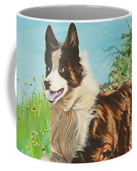 Border Collie Coffee Mug featuring the painting Chocolate Border Collie in Meadow by Michelle Miron-Rebbe
