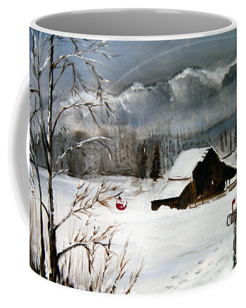Christmas Coffee Mug featuring the painting Christmas Farm House by Arlen Avernian - Thorensen