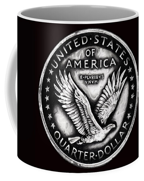 Coin Coffee Mug featuring the drawing Circulated Standing Liberty Reverse Black and White by Fred Larucci