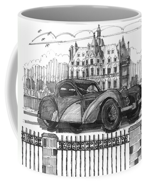 Classic Auto Coffee Mug featuring the drawing Classic Auto with Chateau by Richard Wambach