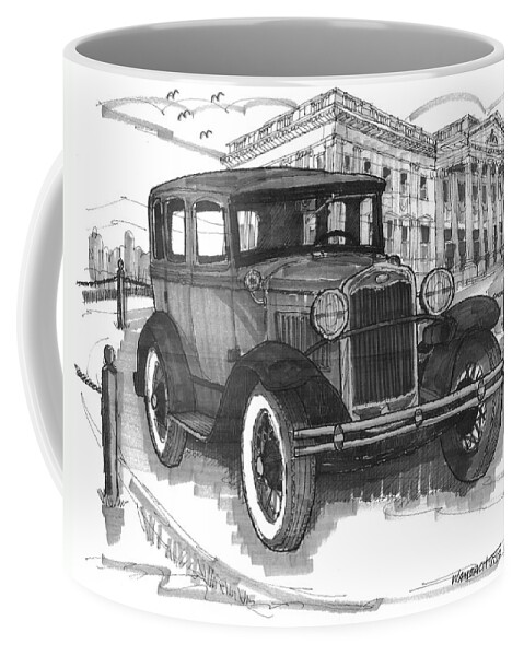 Classic Auto Coffee Mug featuring the drawing Classic Auto with Mills Mansion by Richard Wambach