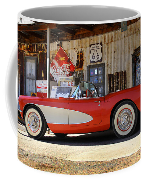 Corvette Coffee Mug featuring the photograph Classic Corvette on Route 66 by Mike McGlothlen
