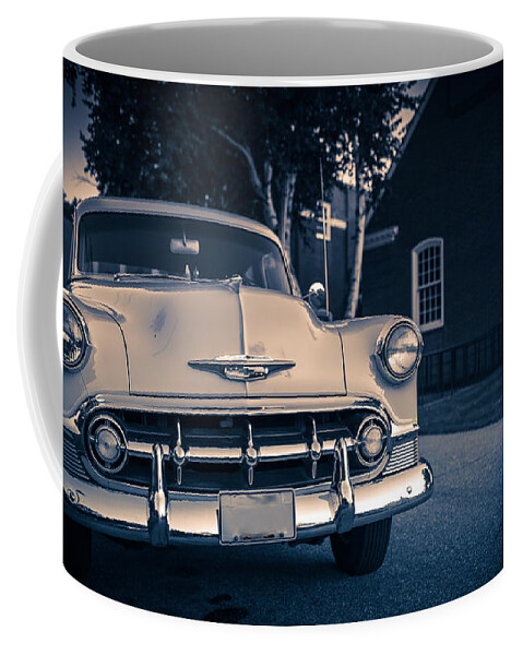 Vintage. Old Coffee Mug featuring the photograph Classic old Chevy car at night by Edward Fielding