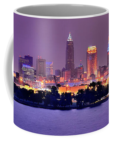 Cleveland Skyline Coffee Mug featuring the photograph Cleveland Skyline at Night Evening Panorama by Jon Holiday