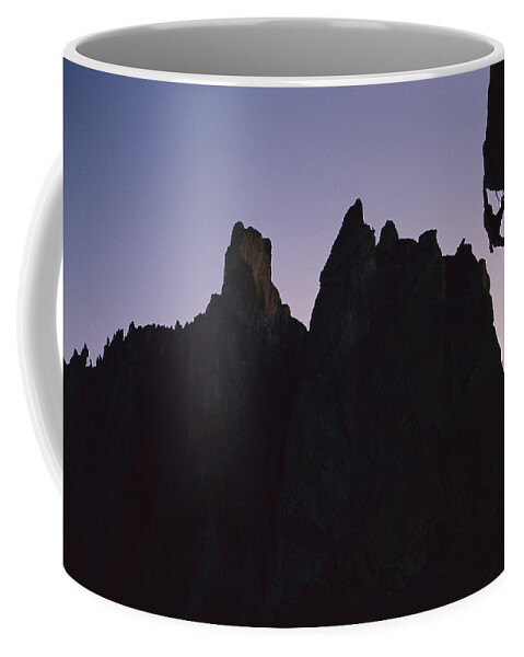 Feb0514 Coffee Mug featuring the photograph Climber On Chain Reaction Smith Rocks by Lionel Clay
