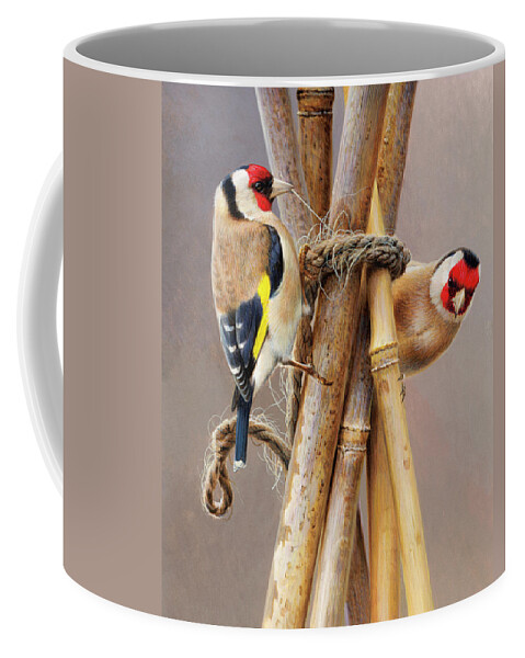 Animal Coffee Mug featuring the photograph Close Up Of Two Goldfinches Pecking by Ikon Ikon Images