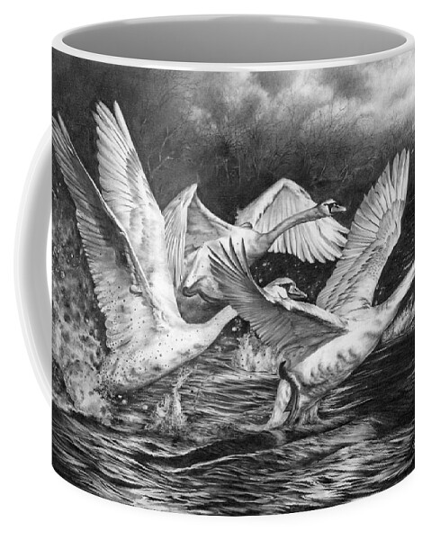 Swans Coffee Mug featuring the drawing Co-Ordinated Chaos by Peter Williams