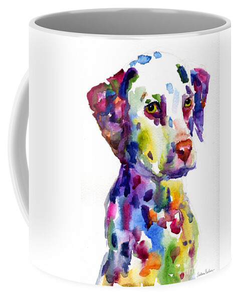 Dalmatian Coffee Mug featuring the painting Colorful Dalmatian puppy dog portrait art by Svetlana Novikova