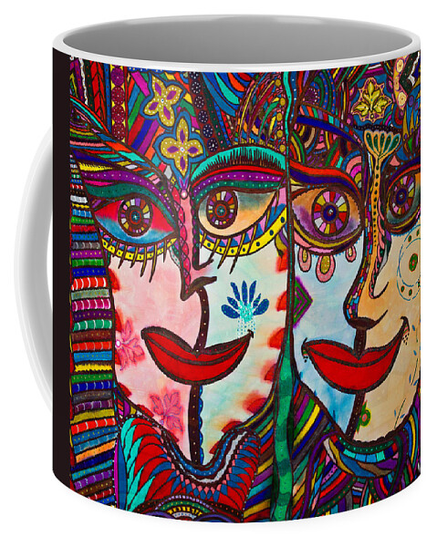 Colorful Faces Coffee Mug featuring the painting Colorful Faces Gazing - Ink Abstract Faces by Marie Jamieson