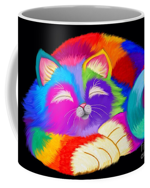 Cat Coffee Mug featuring the painting Colorful Sleeping Rainbow Cat by Nick Gustafson
