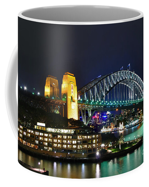 Photography Coffee Mug featuring the photograph Colorful Sydney Harbour Bridge by Night by Kaye Menner