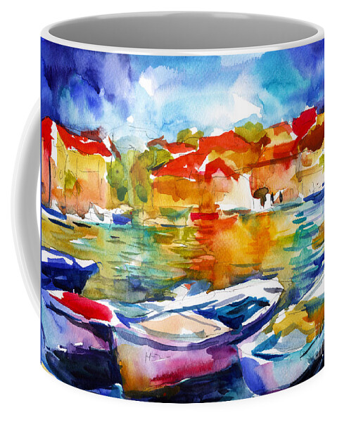 Boats Coffee Mug featuring the painting Colorful watercolor boats european water scape by Svetlana Novikova