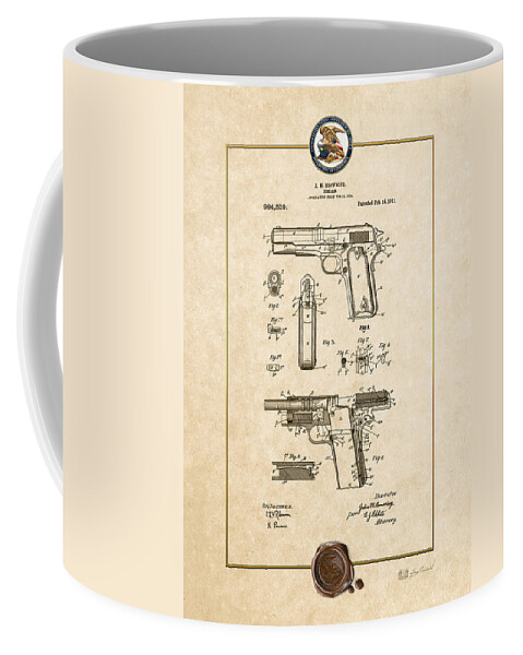 C7 Vintage Patents Weapons And Firearms Coffee Mug featuring the digital art Colt 1911 by John M. Browning - Vintage Patent Document by Serge Averbukh